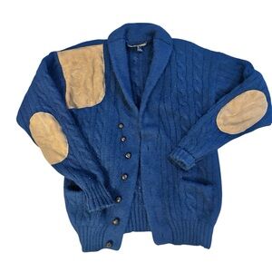 Vintage Navy 100% wool Cardigan with Brown Patches and wooden buttons